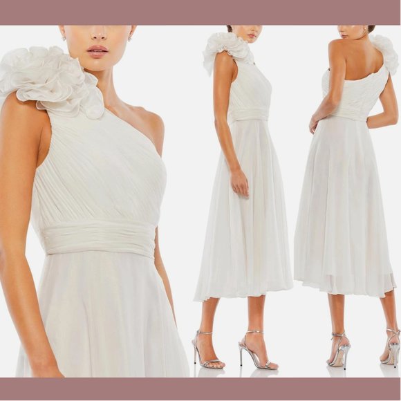 NWT $398‎ Mac Duggal [ 0 ] Rosette One Shoulder Tea Length Dress White - Picture 1 of 15